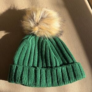 J. Crew Green Knit Beanie with Faux Fur Pom-Pom